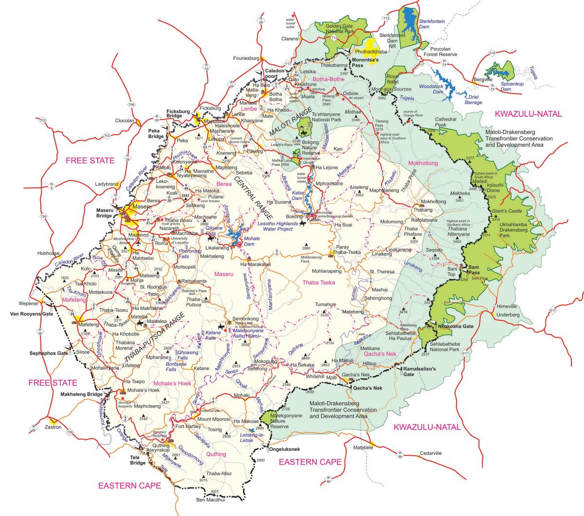 карта подробная карта Лесото